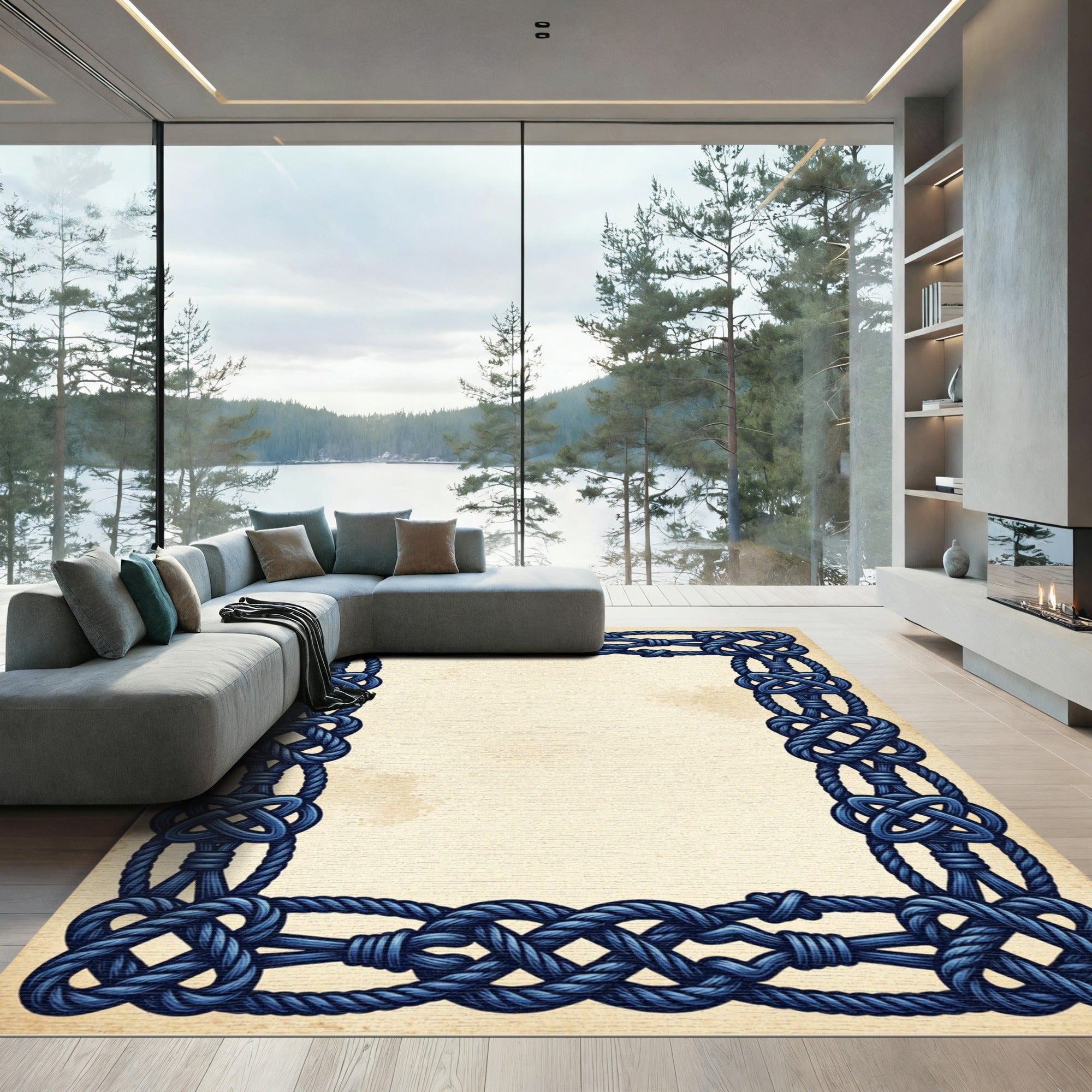 Intricate Navy Blue Celtic Knot Frame Rug