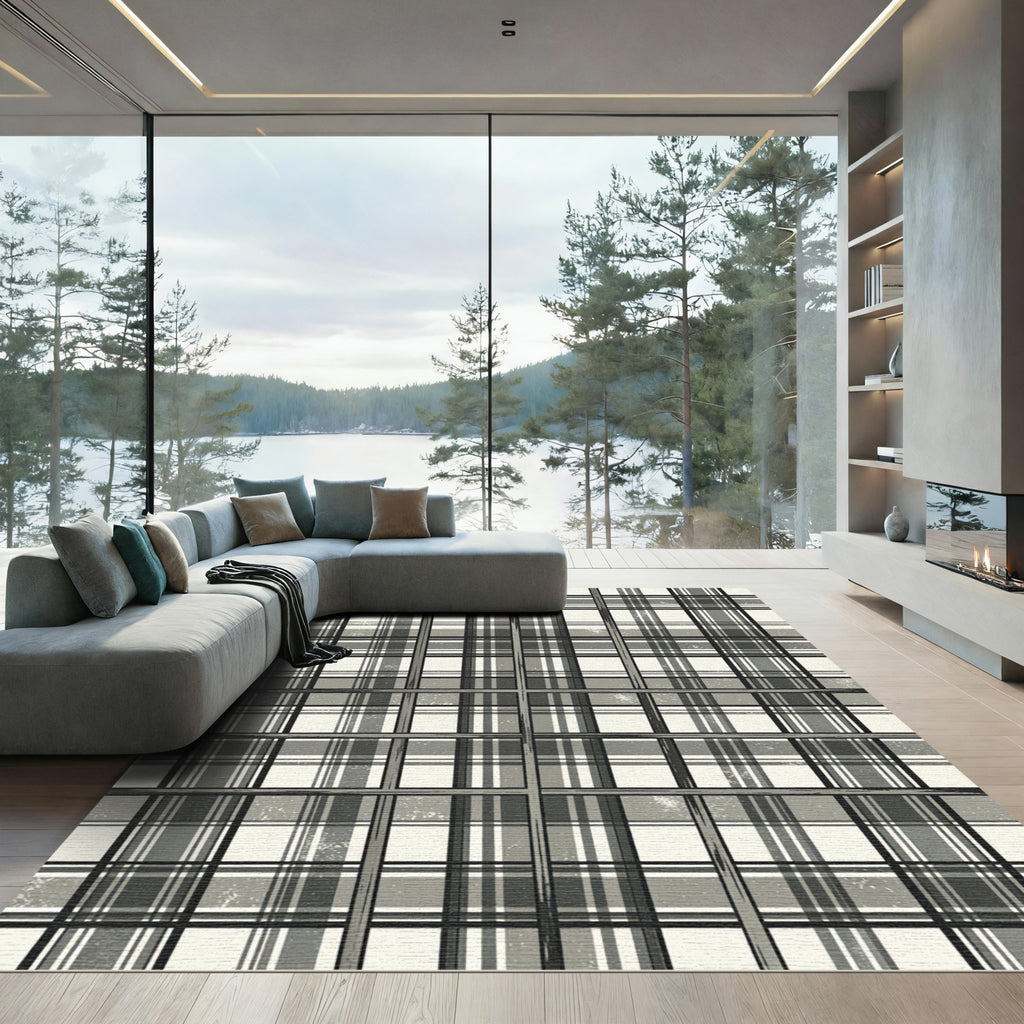 Modern Monochrome Plaid Grid Rug