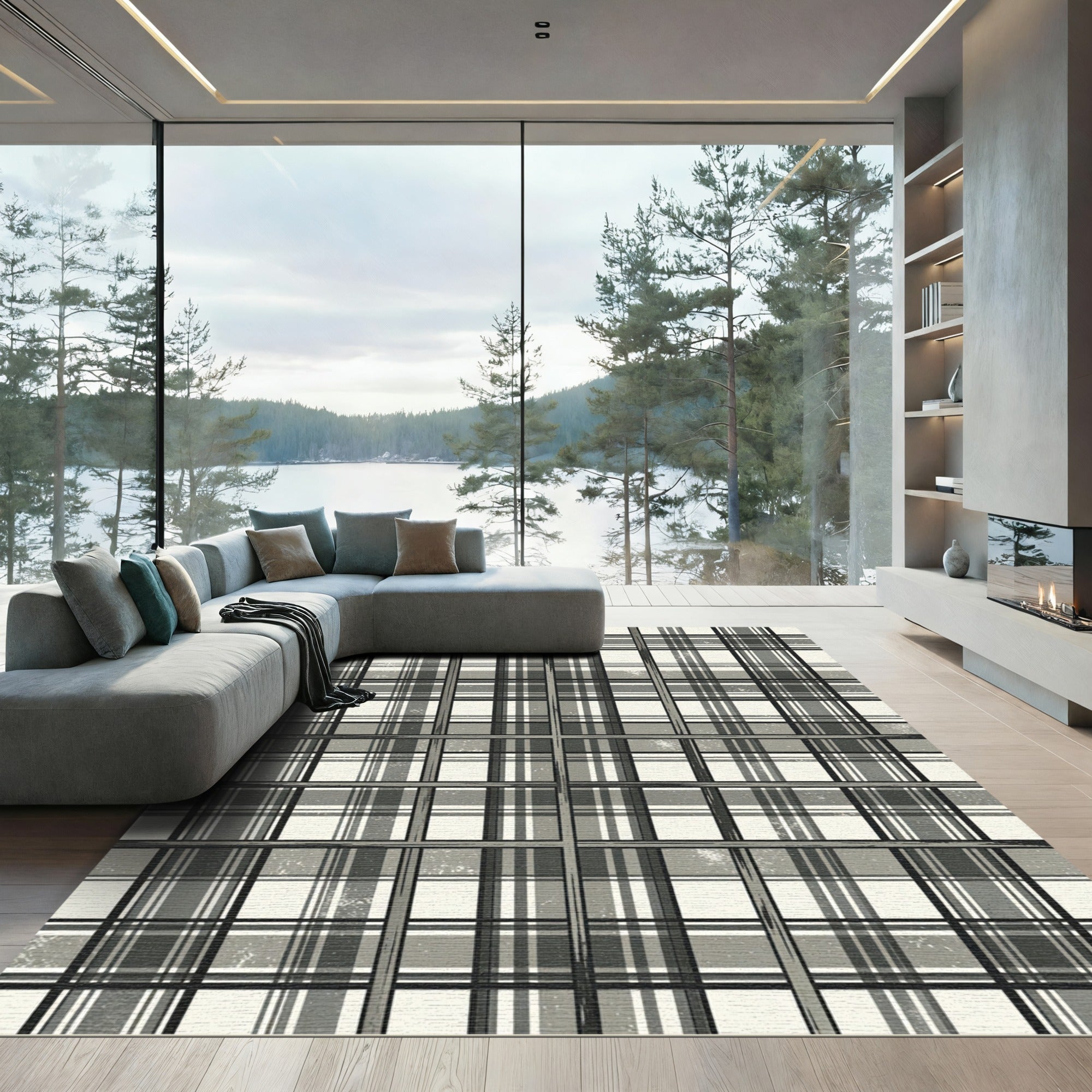 Modern Monochrome Plaid Grid Rug