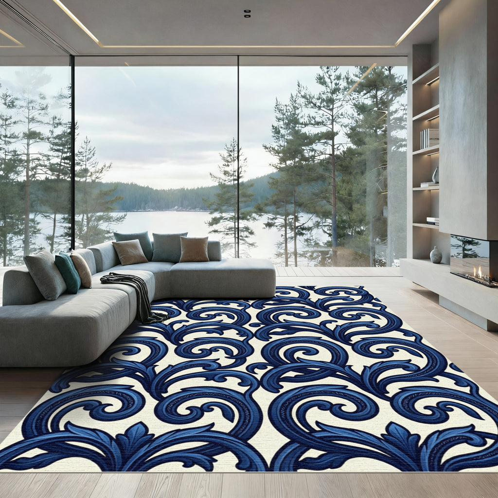 Elegant Indigo Scrollwork Damask Rug