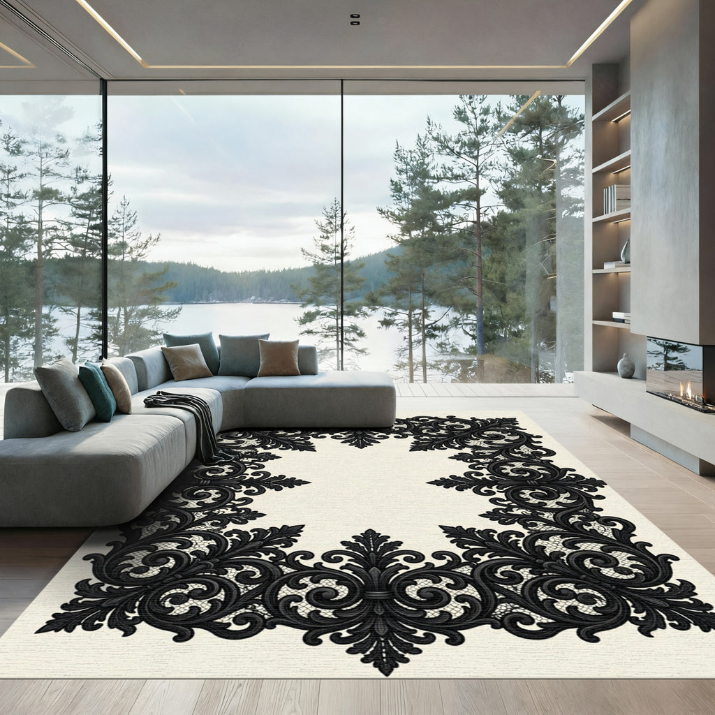 Elegant Black Ornate Baroque Border Rug
