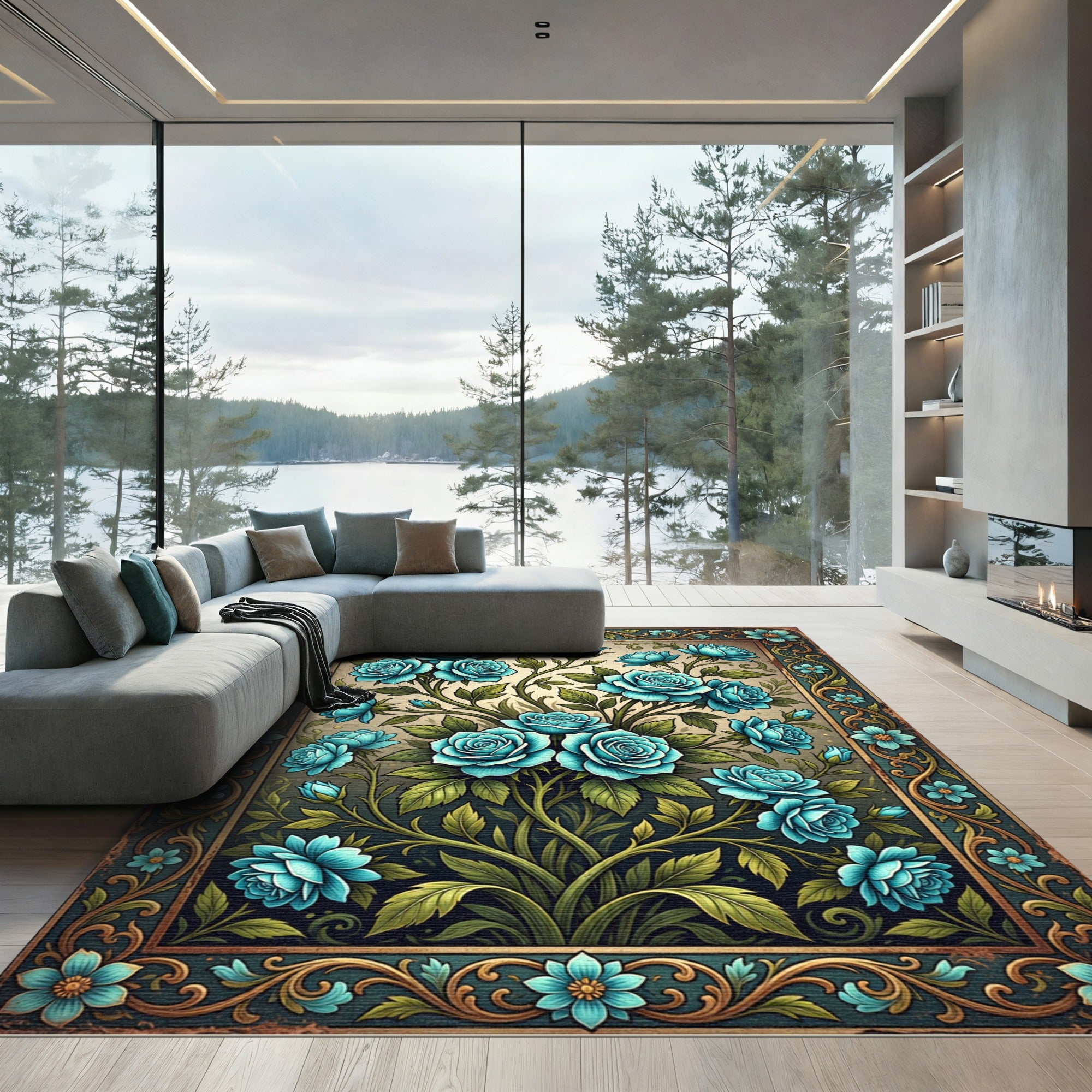 Elegant Teal Rose Botanical Garden Rug