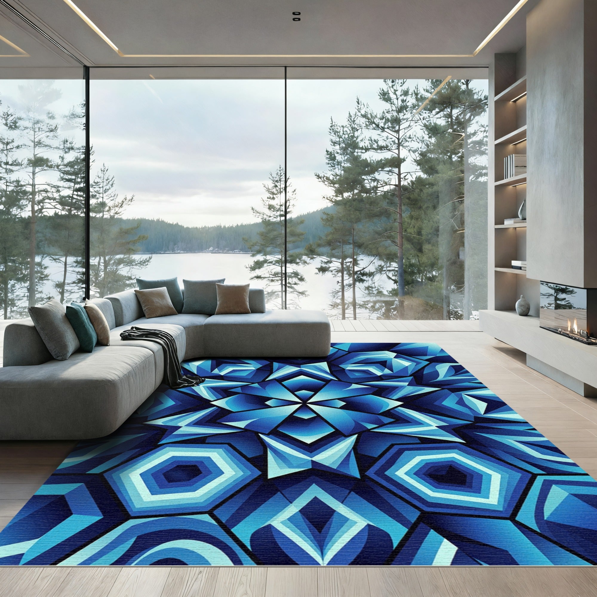 Deep Blue Geometric Faceted Shards Rug