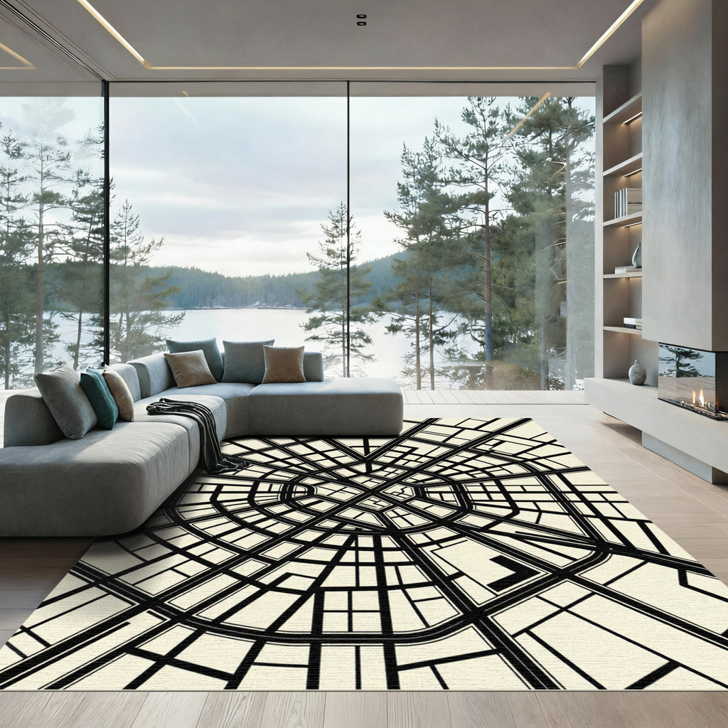 Monochrome Urban Radial Grid Map Rug