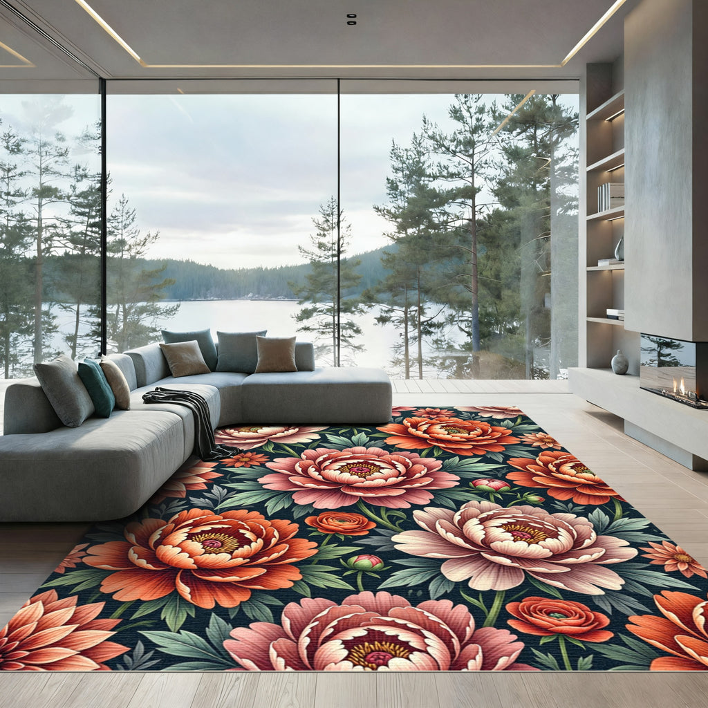 Coral Pink Peony Floral Illustration Rug