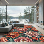 Coral Pink Peony Floral Illustration Rug