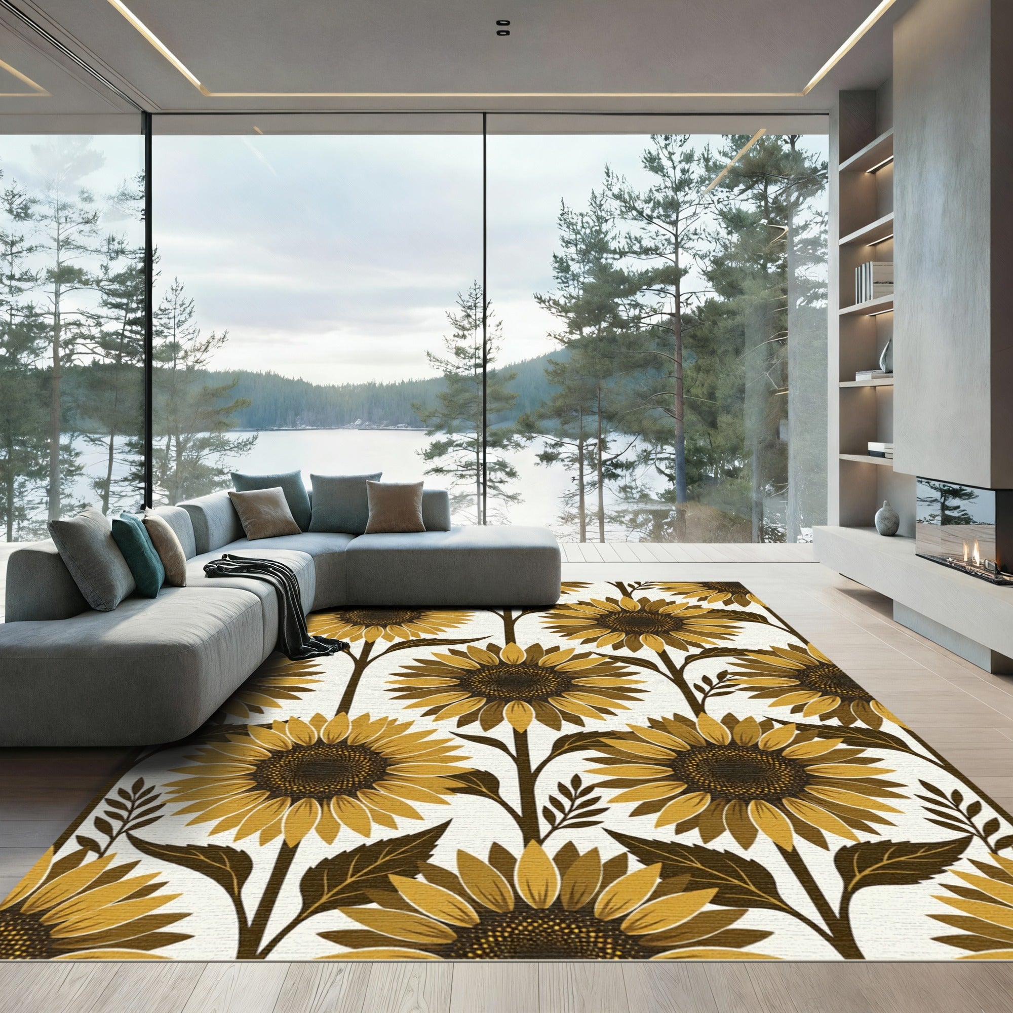 Golden Brown Sunflower Botanical Rug