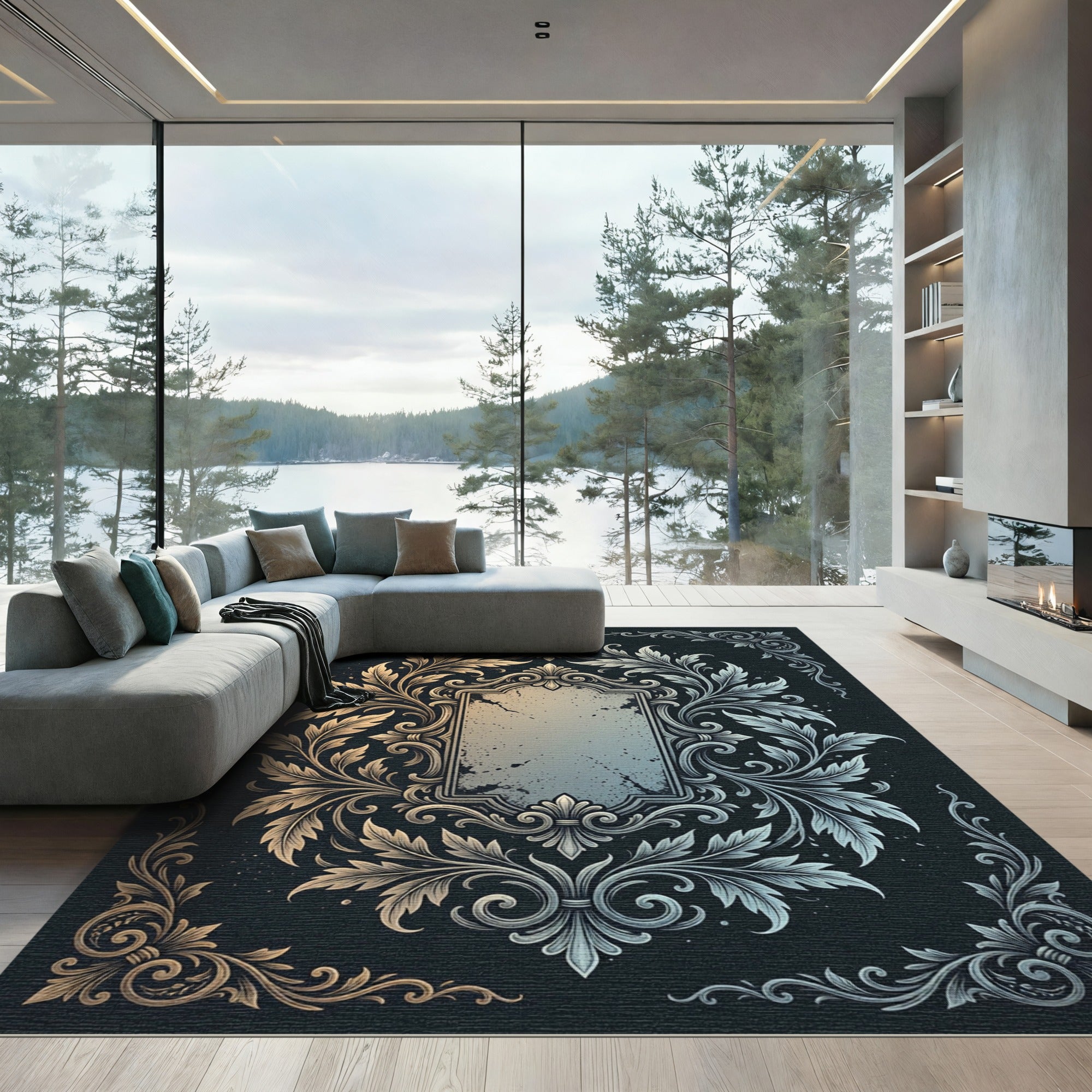 Ornate Baroque Gold and Silver Filigree Rug