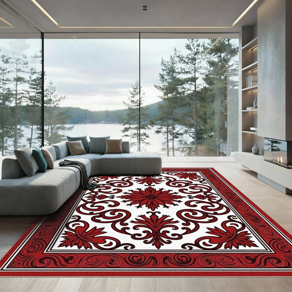 Rich Crimson Floral Rococo Medallion Rug