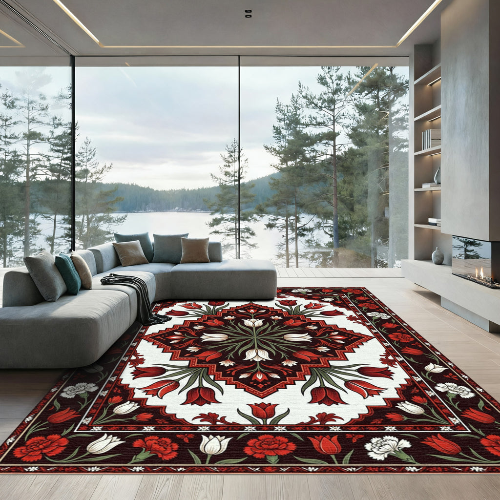 Crimson and White Floral Diamond Border Rug