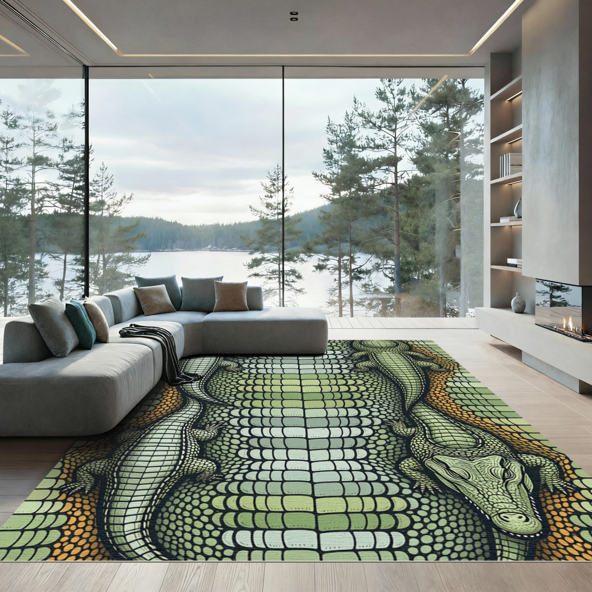 Reptilian Green Crocodile Scale Texture Rug