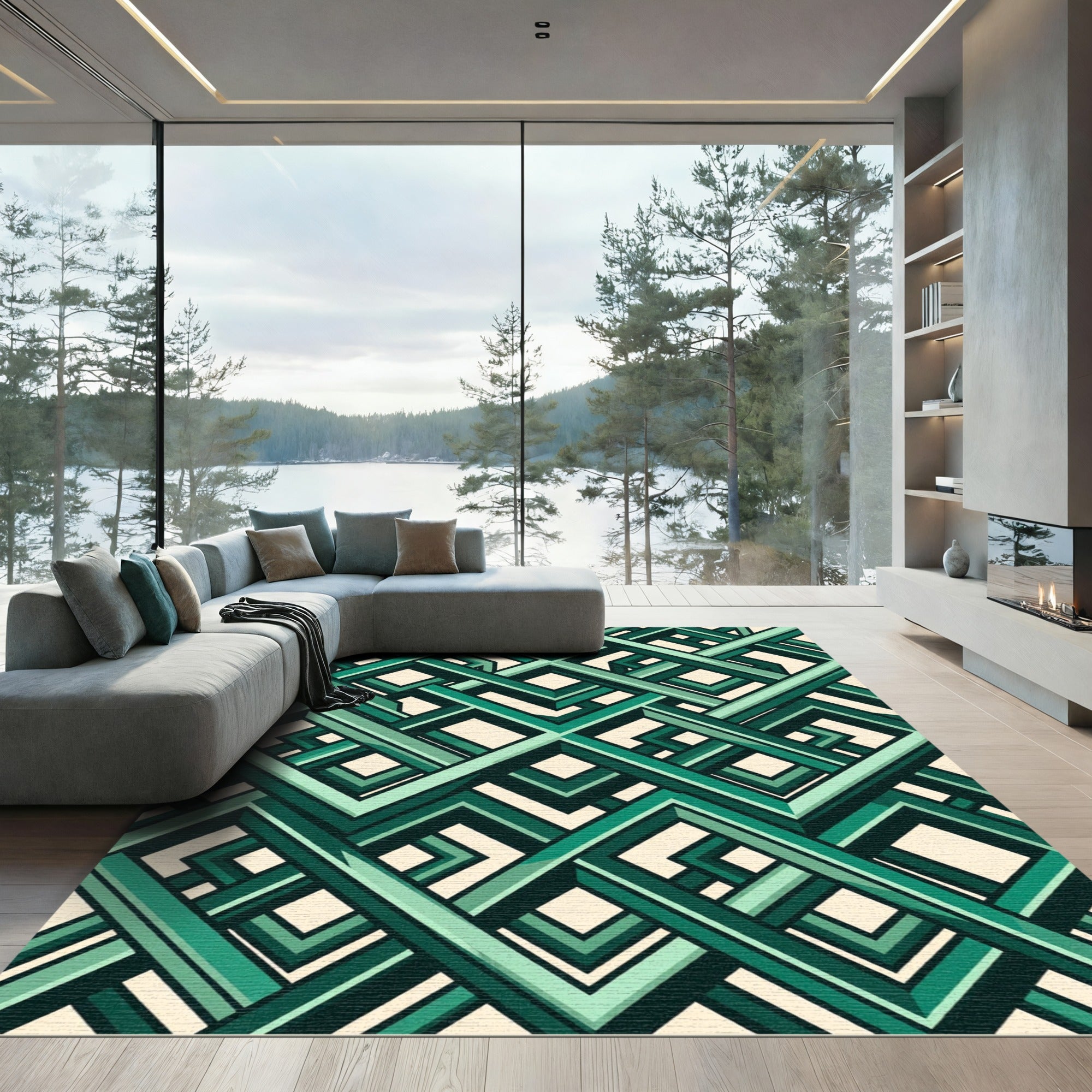 Emerald Geometric Interlocking Lattice Rug