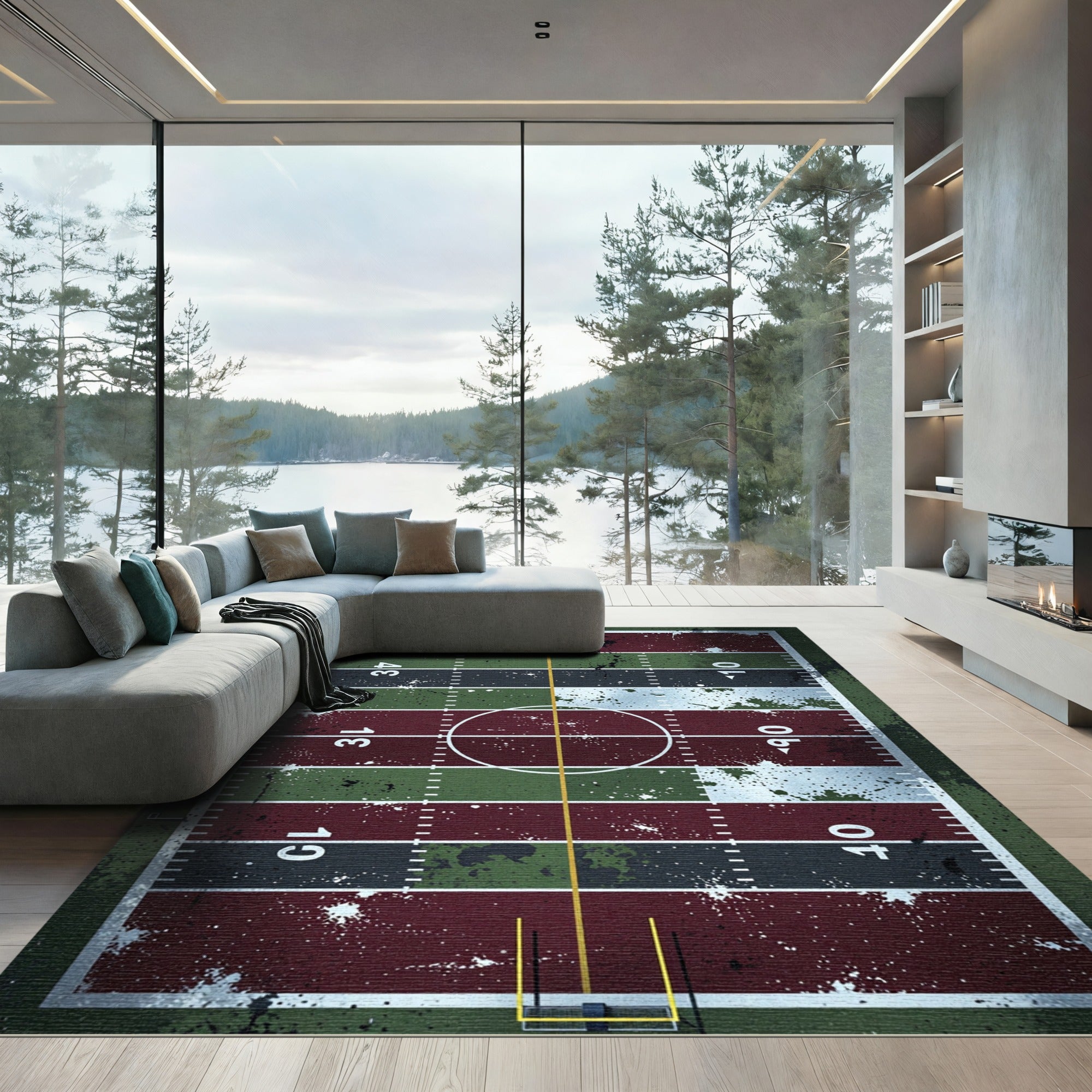 Distressed Gridiron Football Field Art Rug