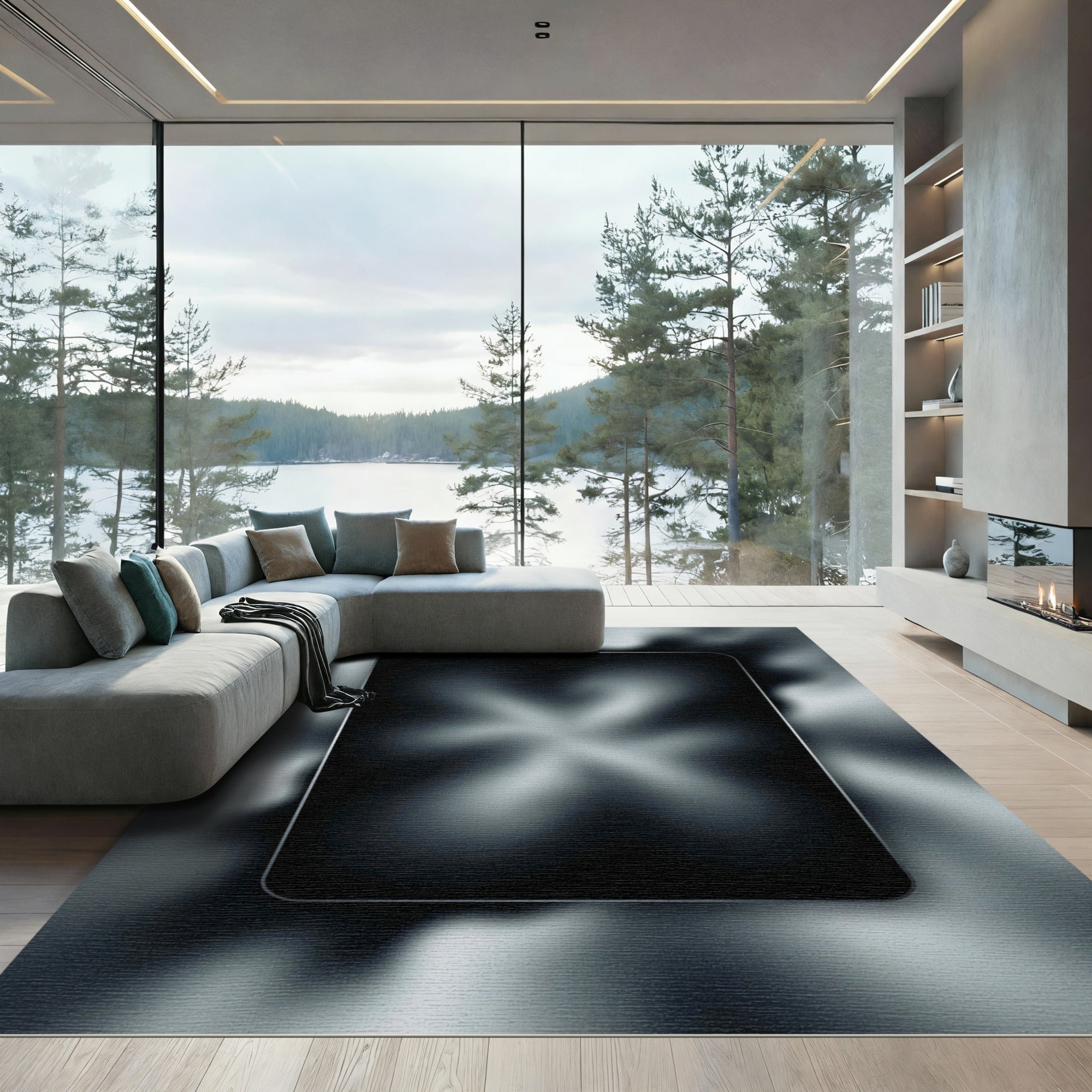 Black Smoke Swirl Abstract Rug