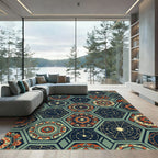Celestial Geometric Hexagon Teal Copper Rug