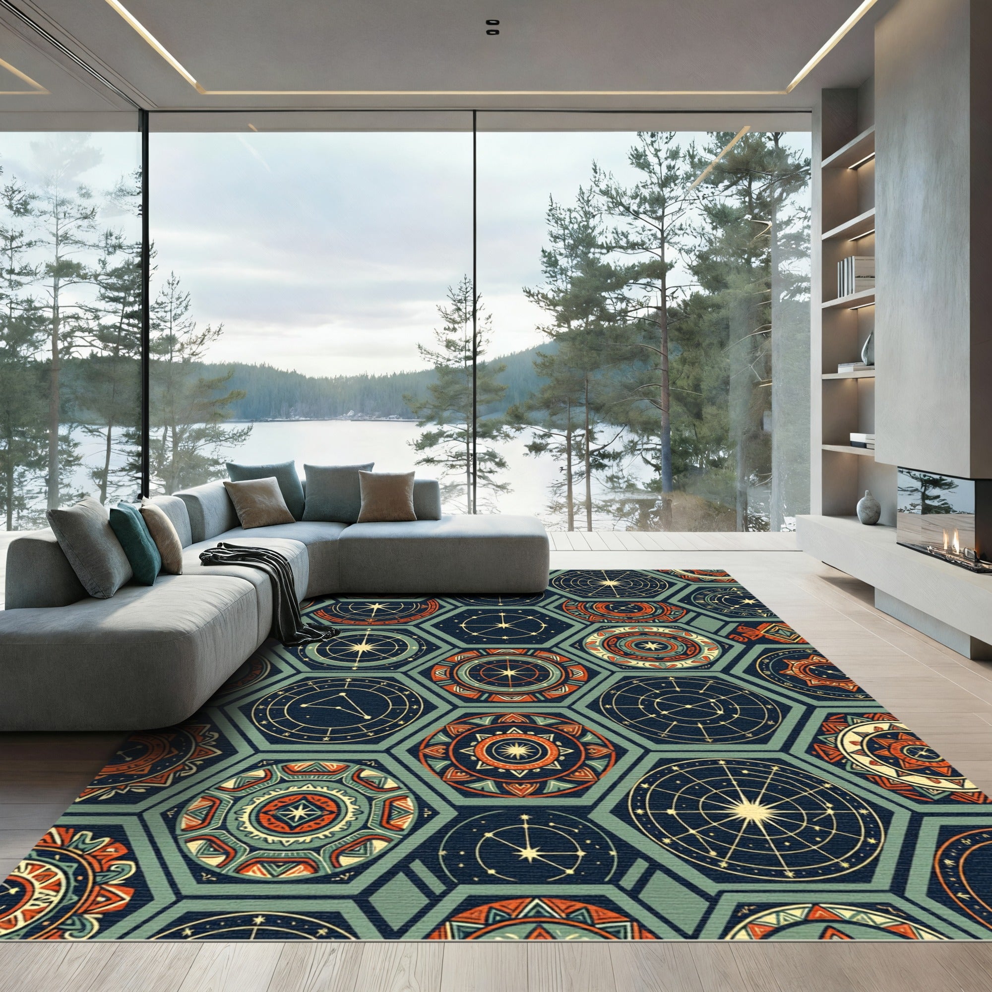 Celestial Geometric Hexagon Teal Copper Rug