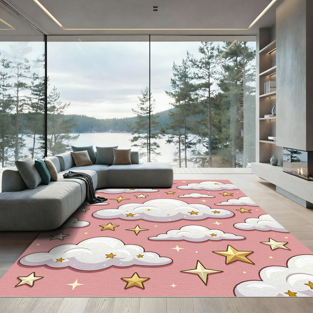 Whimsical Blush Pink Golden Starry Cloud Rug