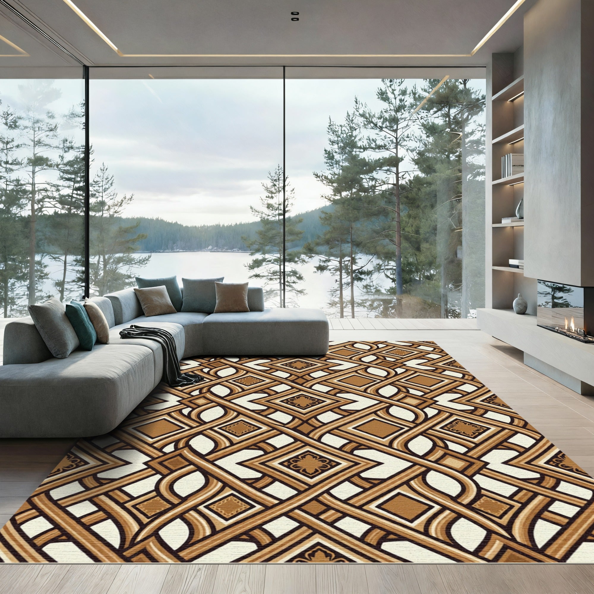 Brown And Cream Interlocking Diamond Tile Rug