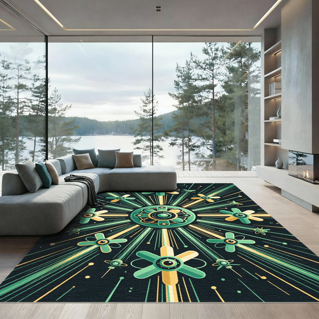 Geometric Starburst Teal Gold Medallion Rug