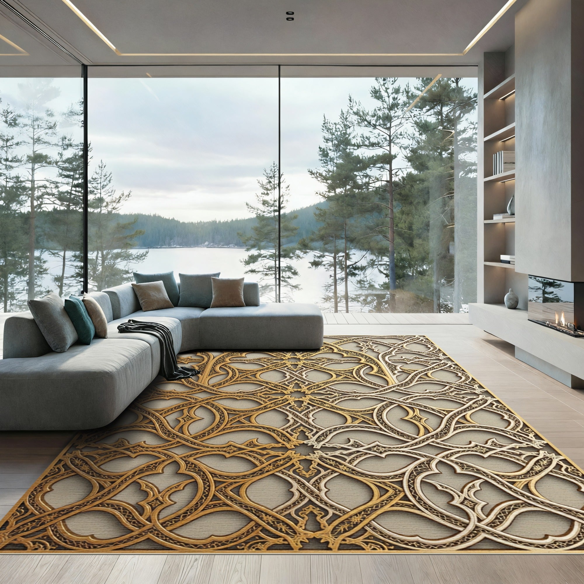 Gold And Silver Intertwined Geometric Lattice Rug