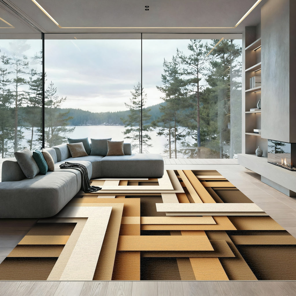 Cream Tan Geometric Layered Abstract Rug