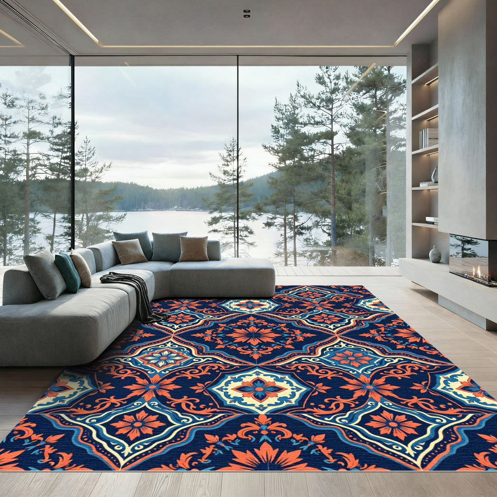 Ornate Navy Orange Damask Tile Rug