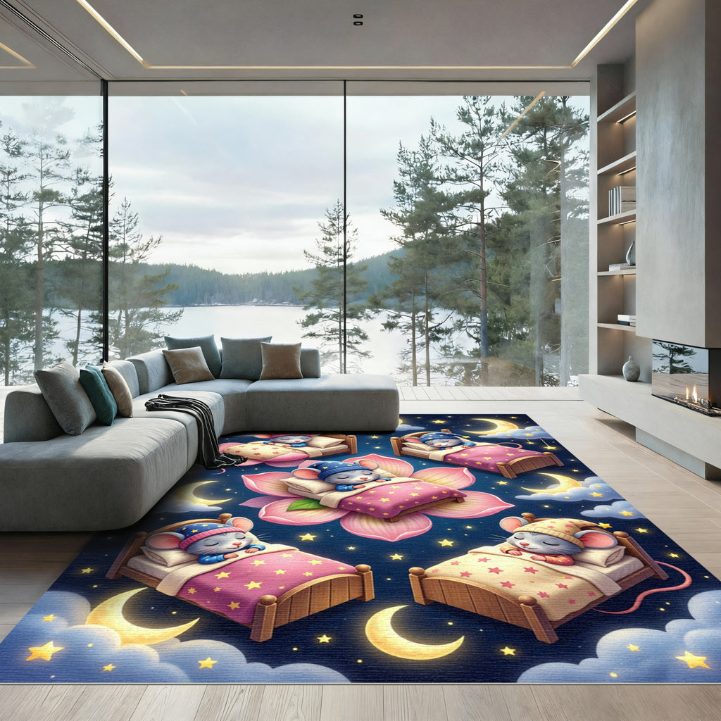 Whimsical Sleeping Mice Starry Moon Night Rug