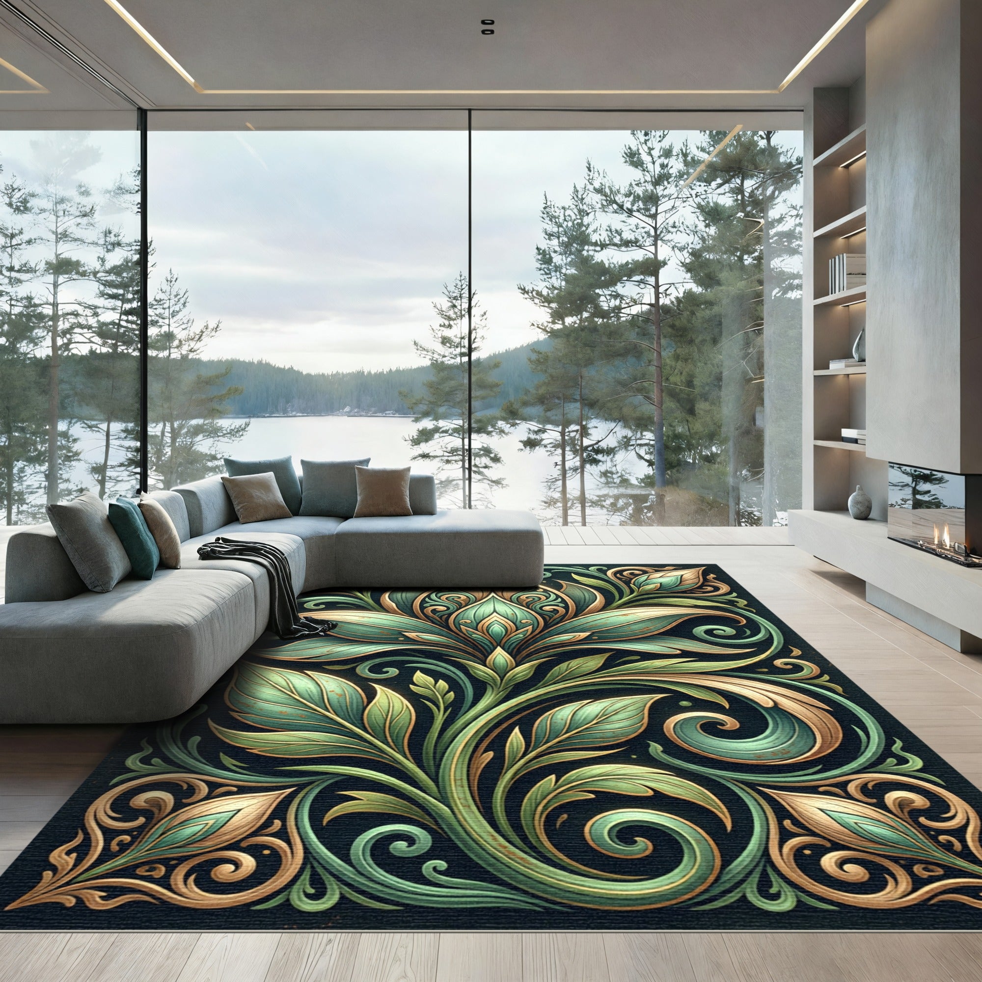 Elegant Sage Gold Flourish Botanical Rug