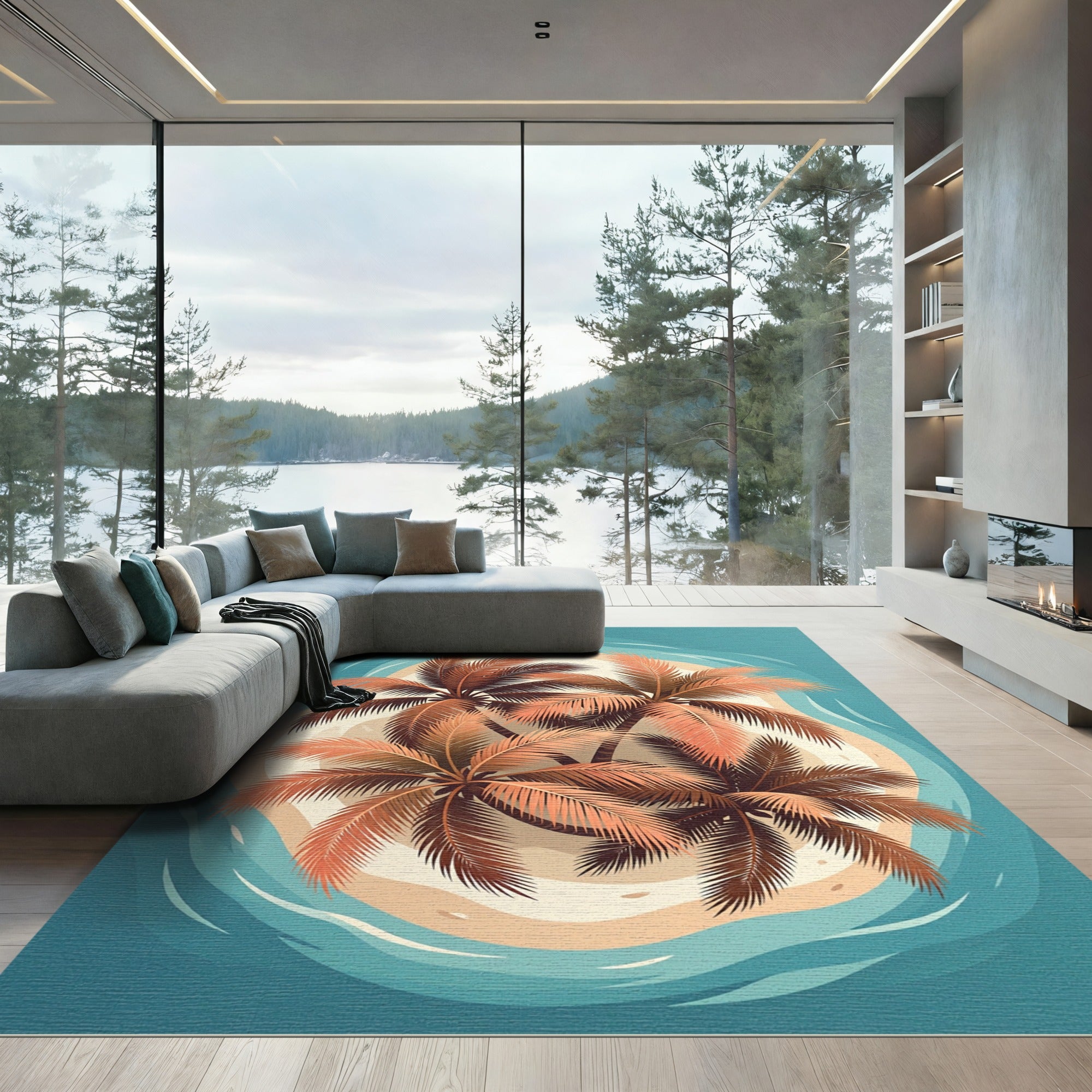 Tropical Palm Island Coastal Scene Rug