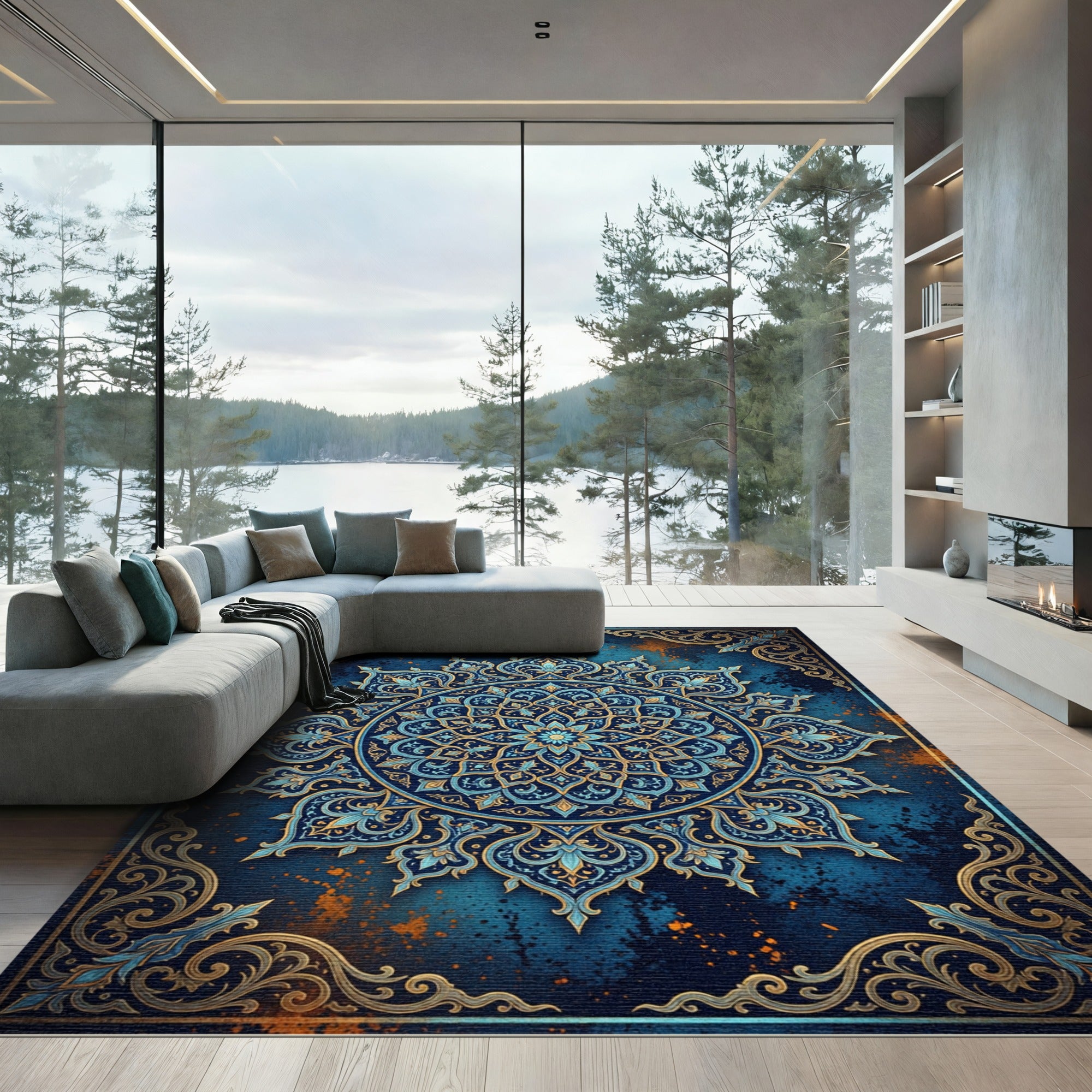 Ornate Sapphire Mandala Golden Filigree Rug