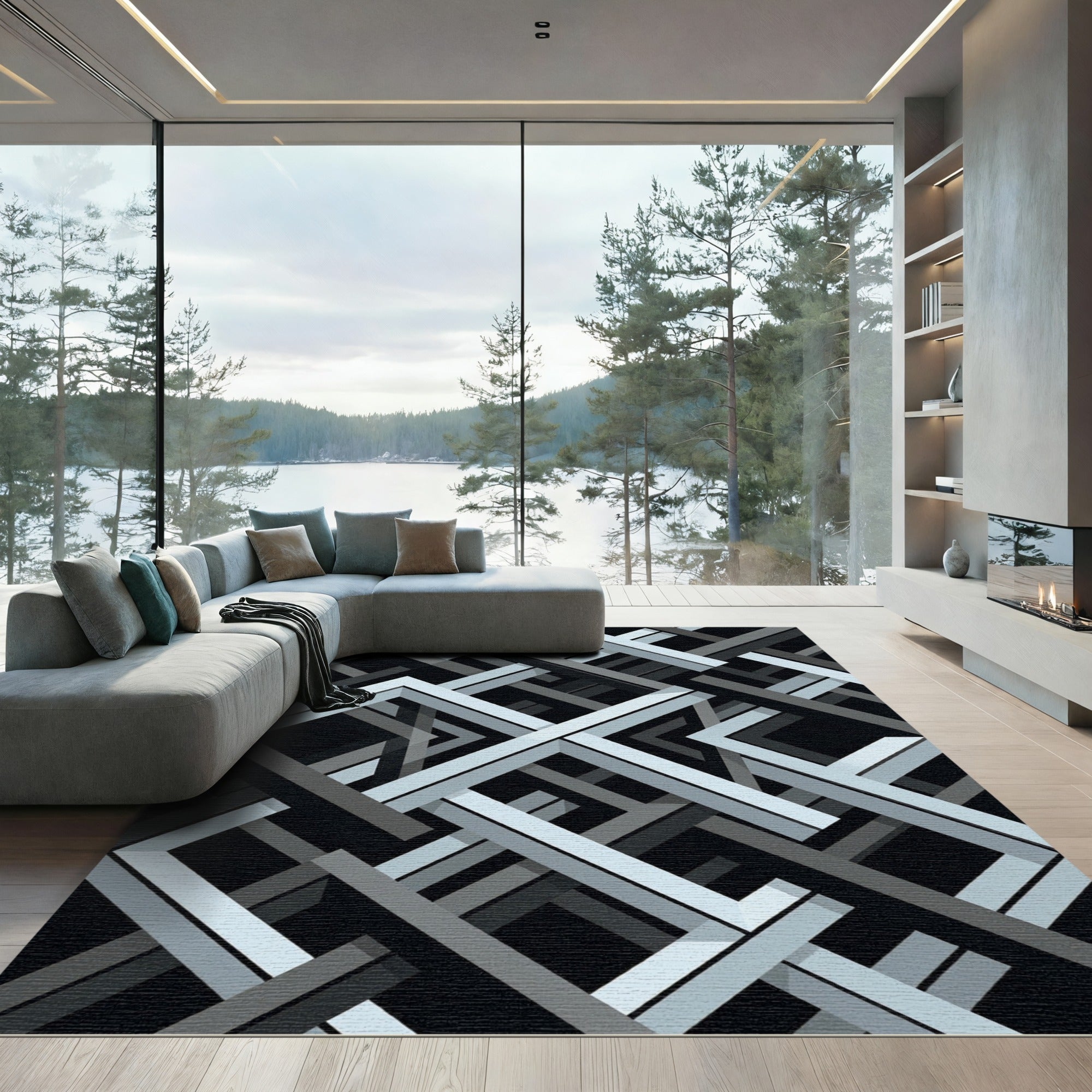 Monochromatic Geometric Interlocking Frame Grid Rug