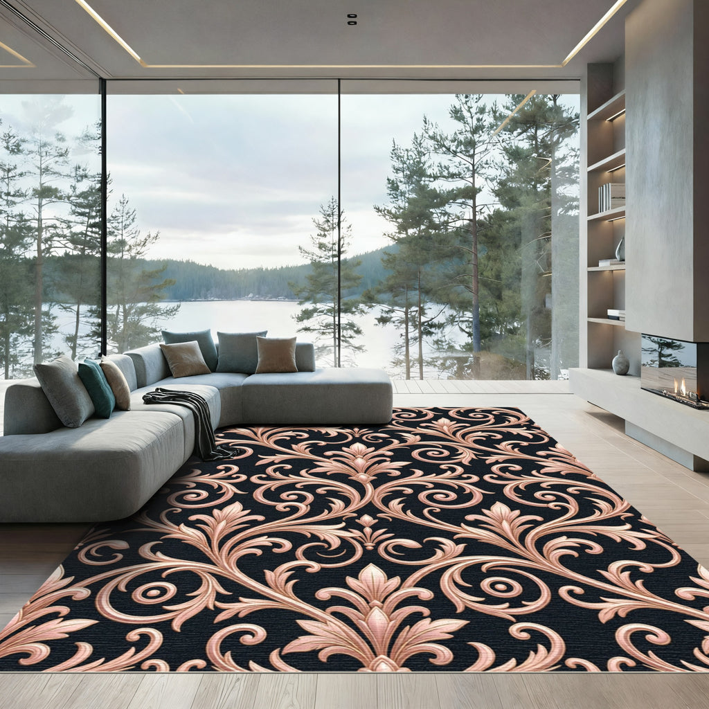 Rose Gold Nouveau Scrollwork Black Rug