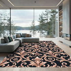 Rose Gold Nouveau Scrollwork Black Rug