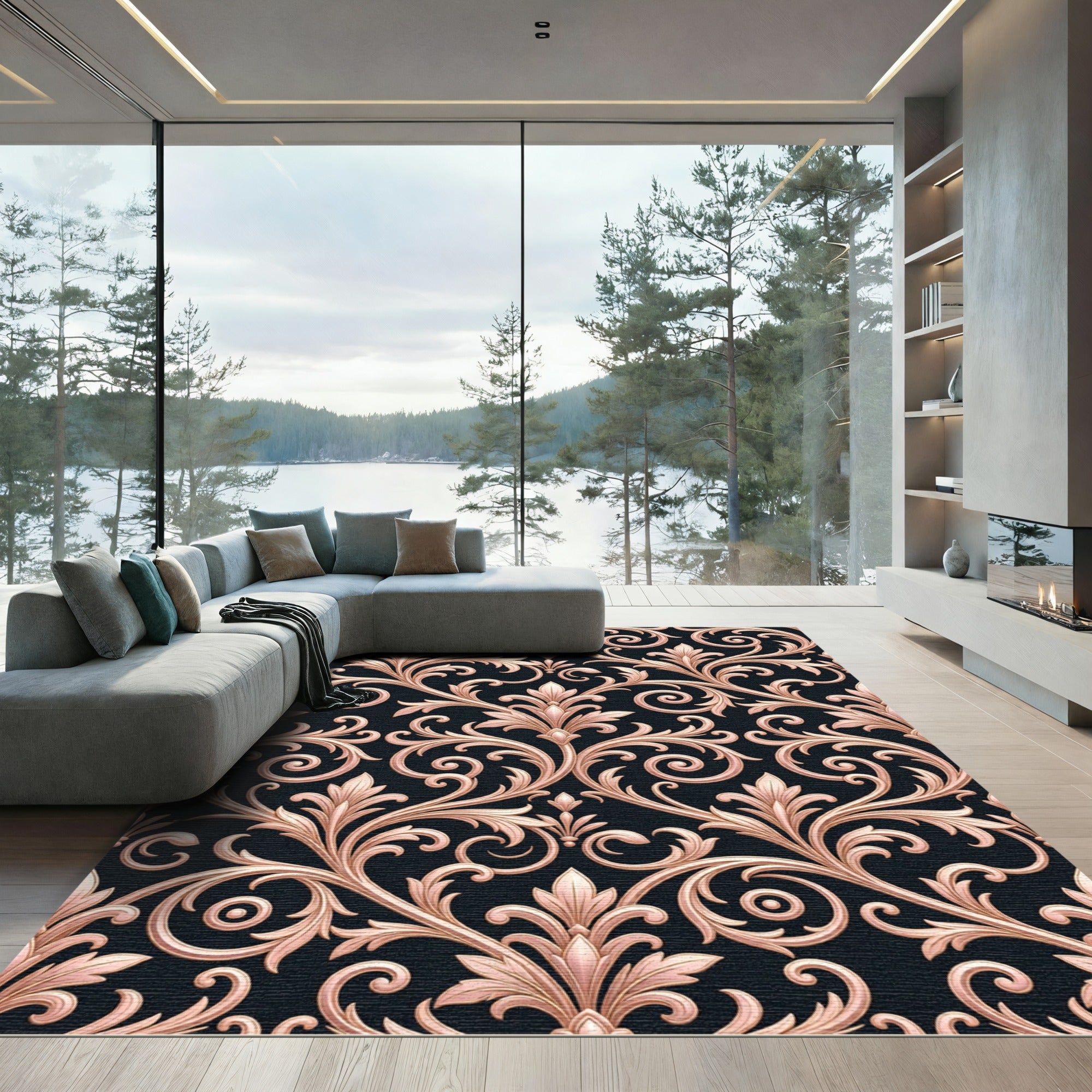 Rose Gold Nouveau Scrollwork Black Rug
