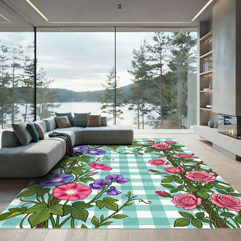 Blue Morning Glory and Pink Rose Trellis Rug