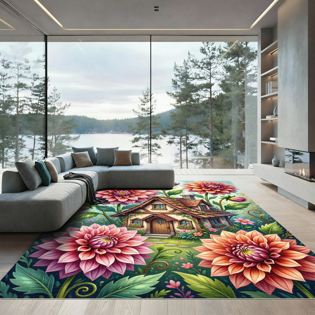 Whimsical Pink Dahlia Cottage Floral Rug