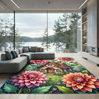 Whimsical Pink Dahlia Cottage Floral Rug