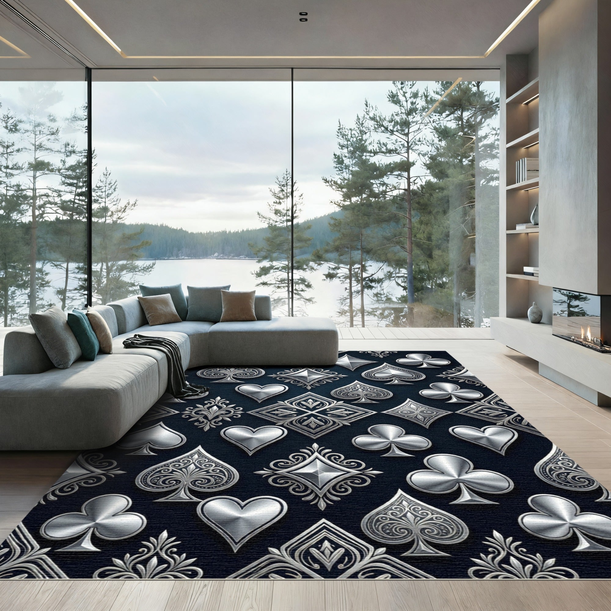 Metallic Silver Decorative Card Suit Velvet Rug