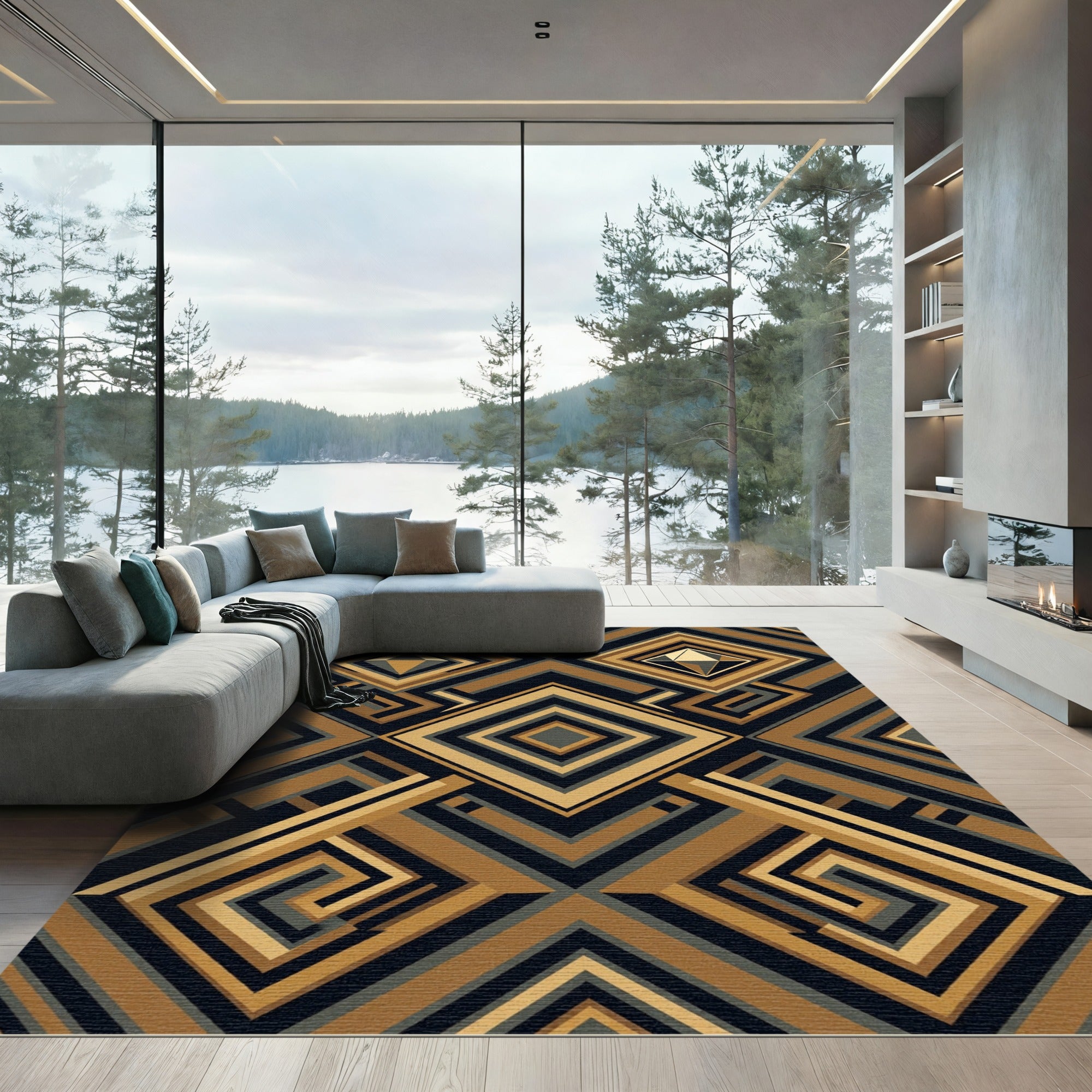 Geometric Bronze Gold Art Deco Diamond Rug
