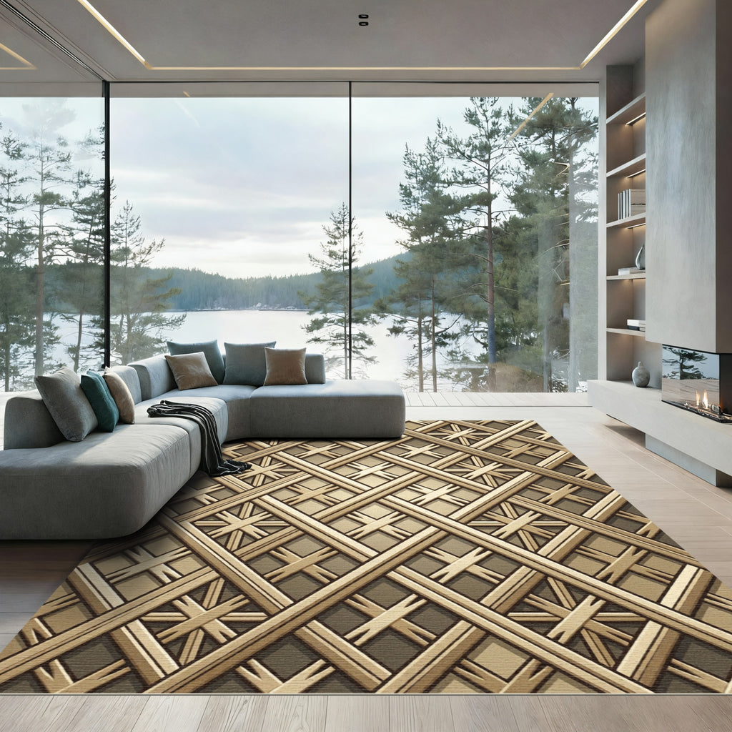 Golden Lattice Art Deco Geometric Rug