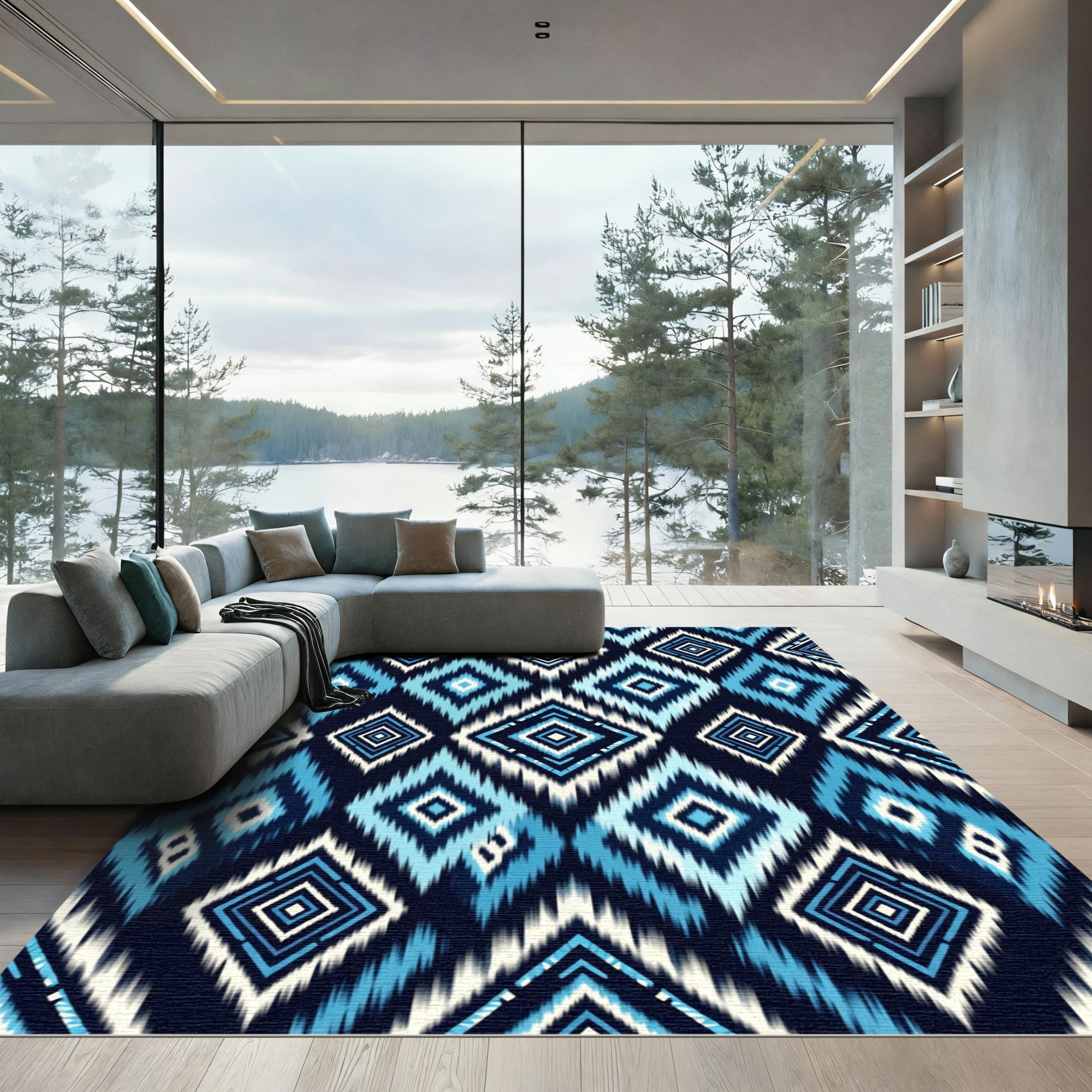 Geometric Blue Ikat Diamond Tile Rug