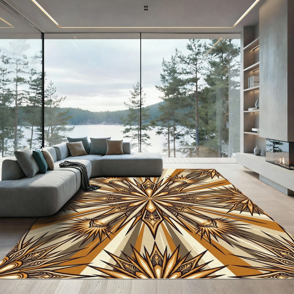 Golden Starburst Mandala Art Rug