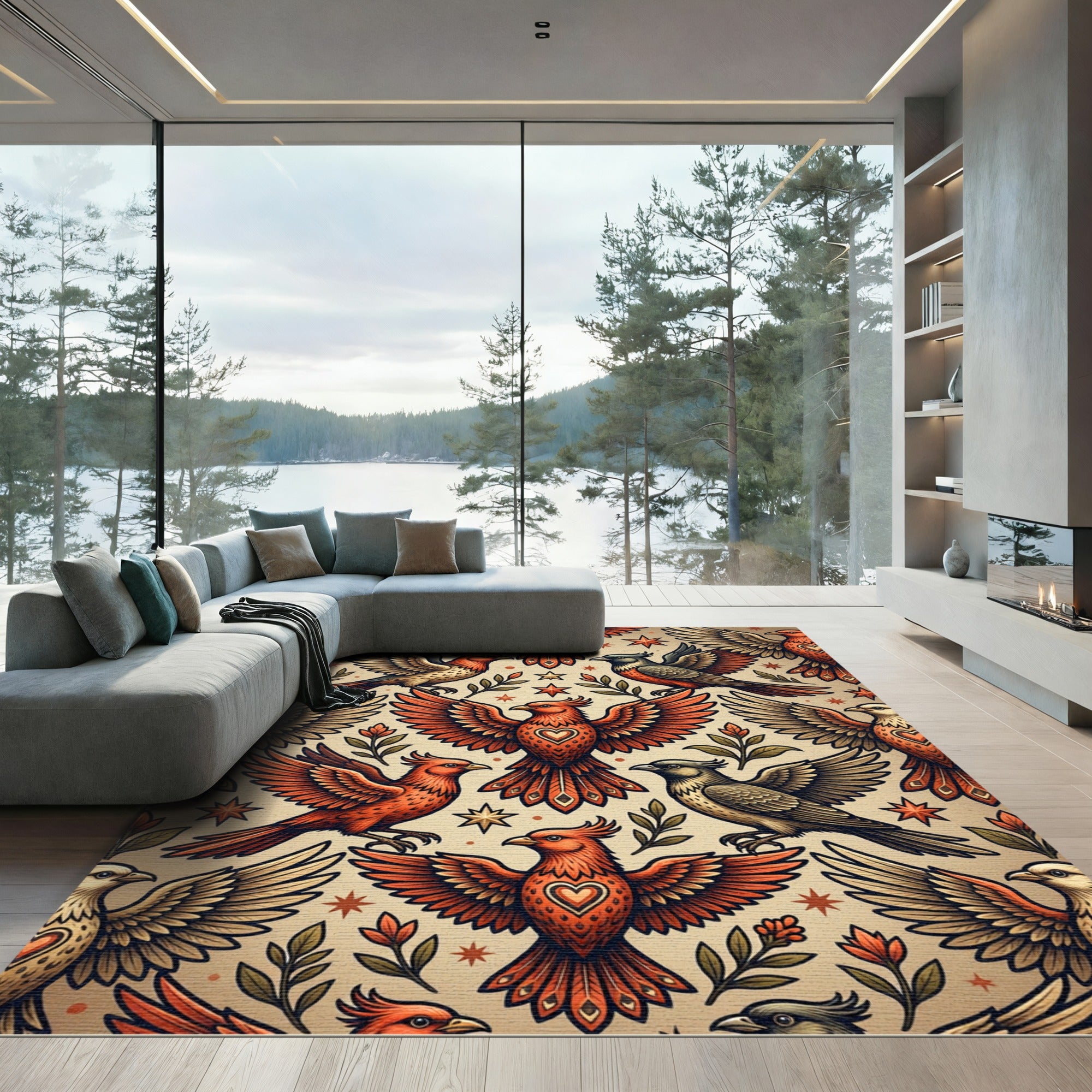 Vintage Crimson Avian Heart Star Tapestry Rug
