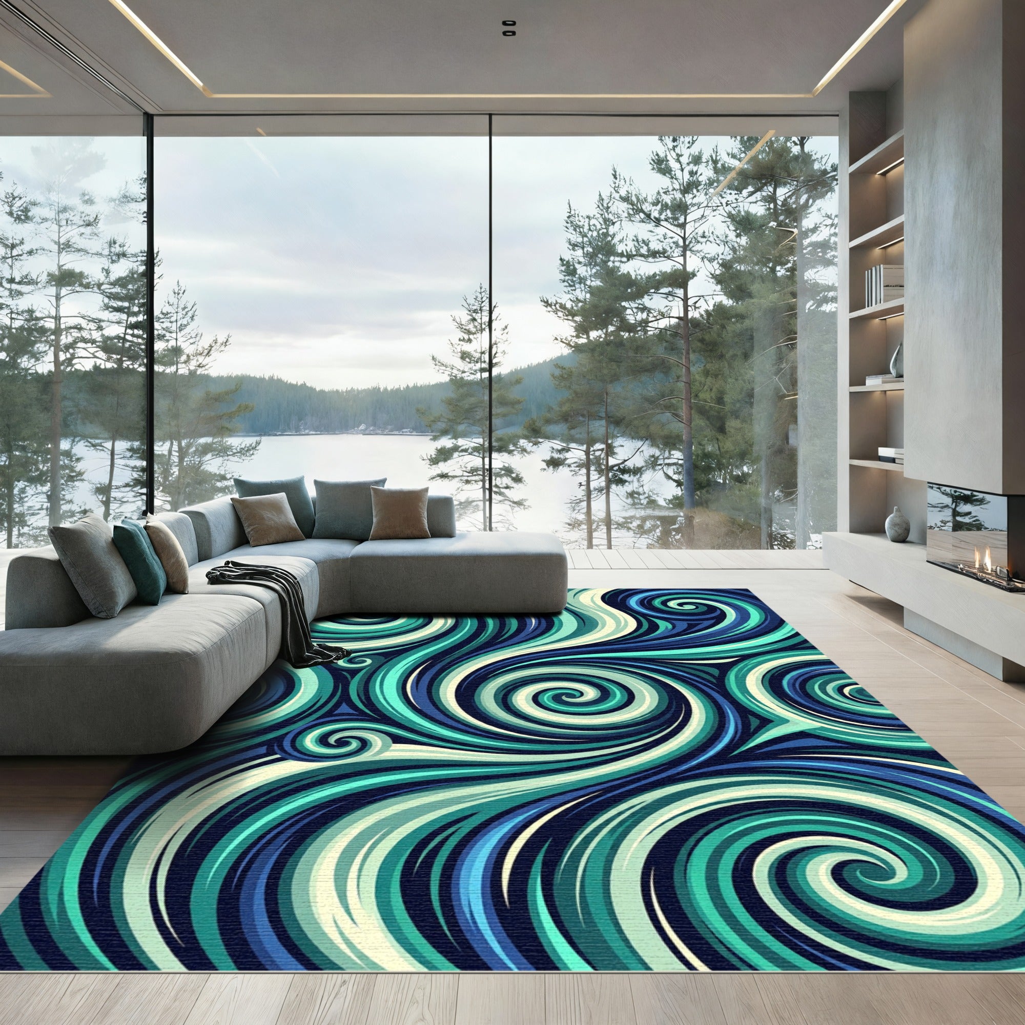 Oceanic Teal Swirl Abstract Fluid Rug