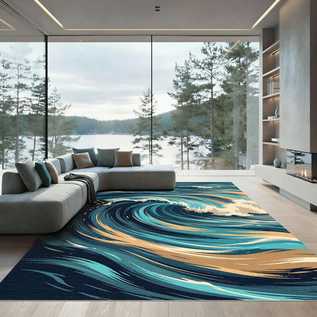 Dynamic Blue and Gold Abstract Wave Rug
