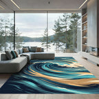 Dynamic Blue and Gold Abstract Wave Rug