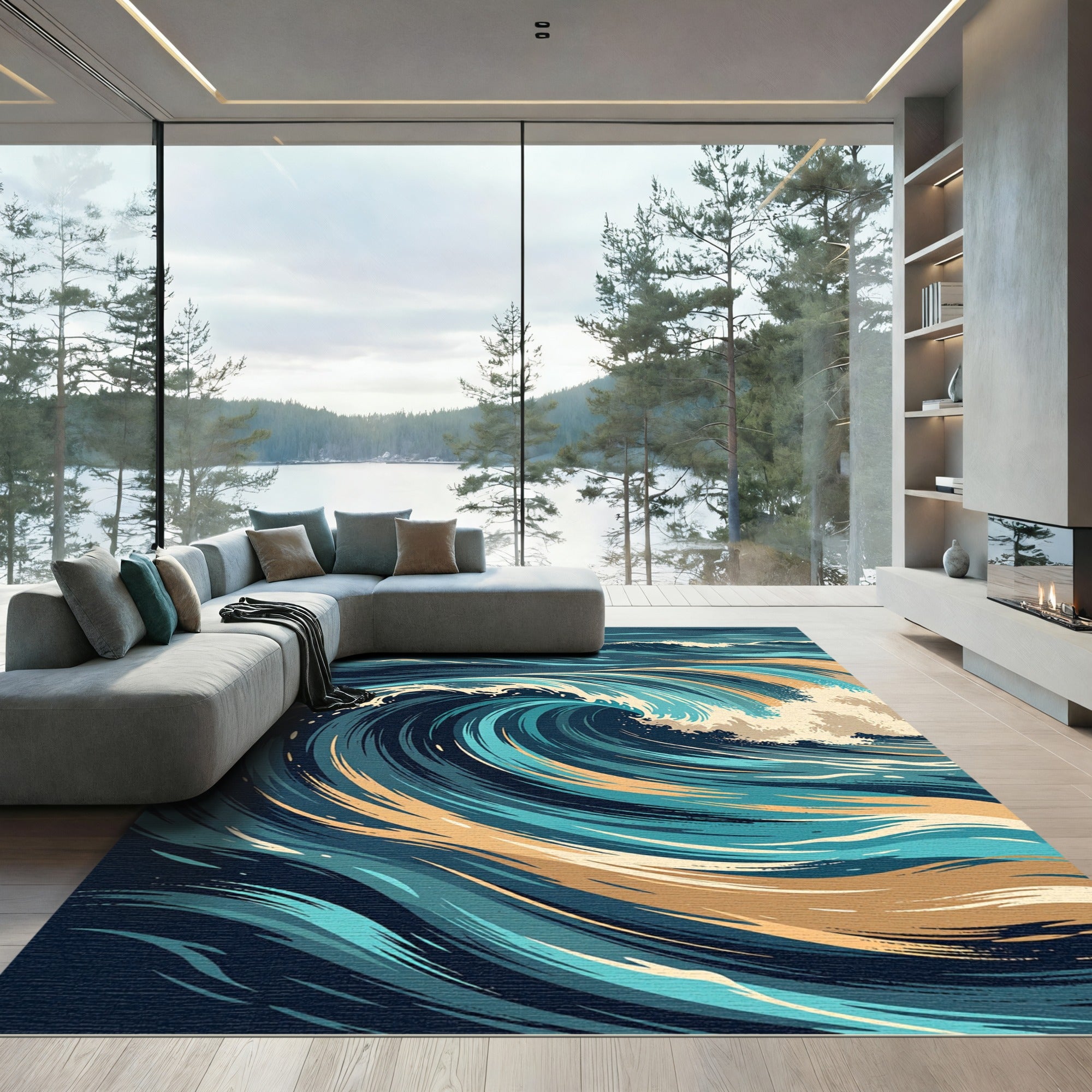 Dynamic Blue and Gold Abstract Wave Rug