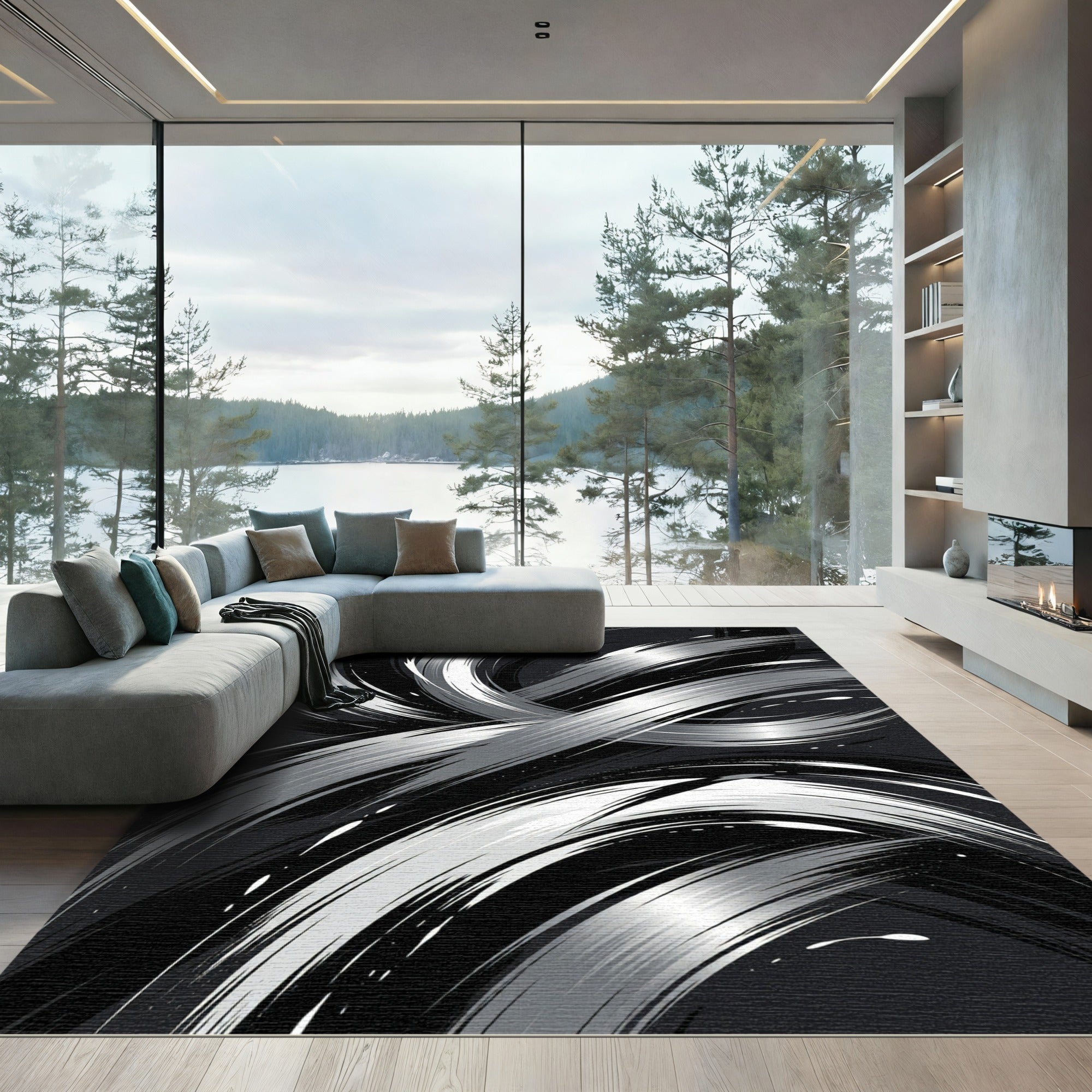 Monochrome Swirl Brushstroke Abstract Rug