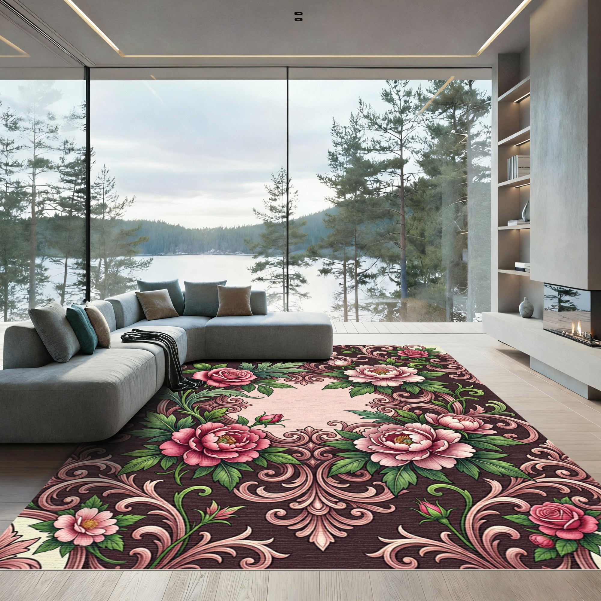 Ornate Pink Floral Scrollwork Rug