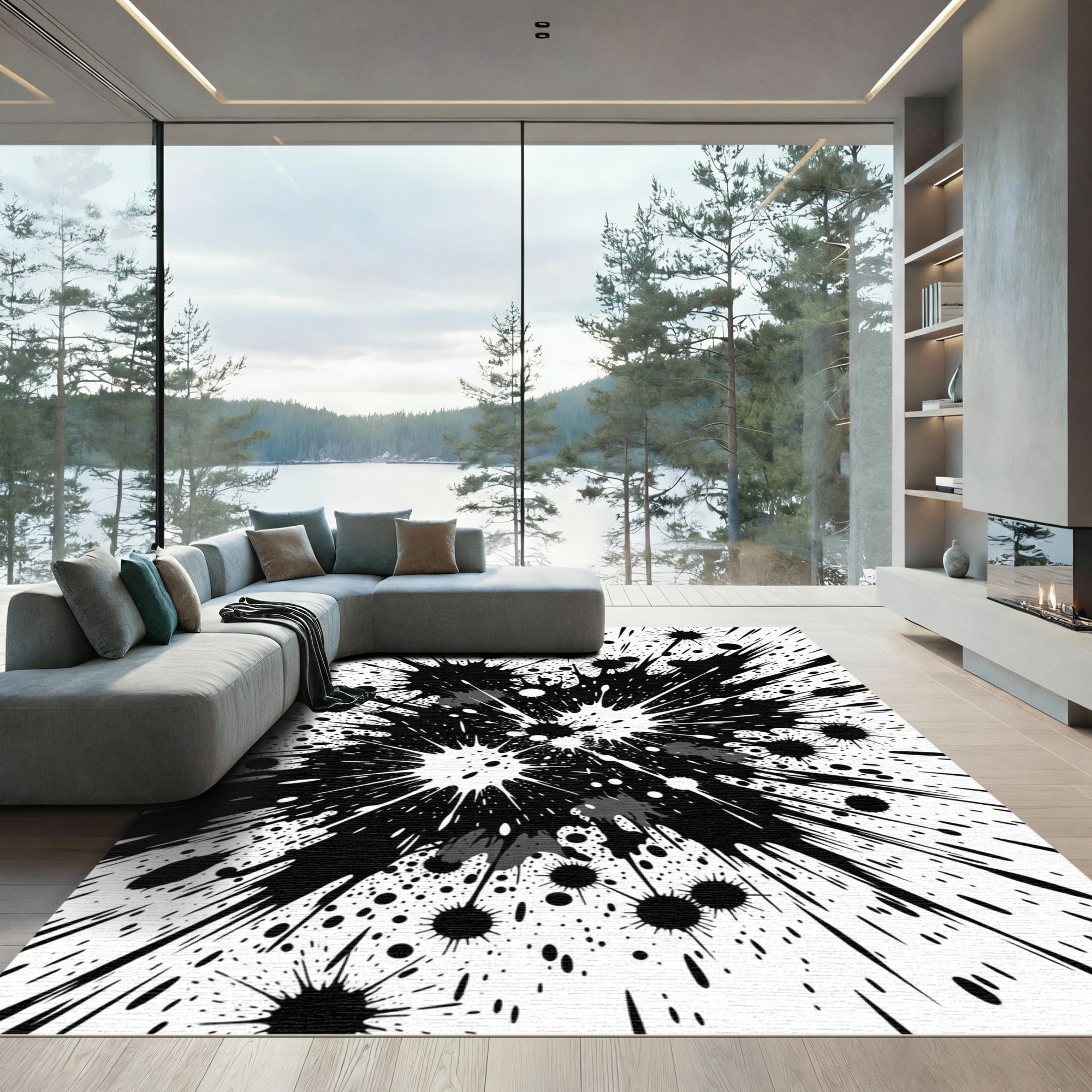 Black and White Dramatic Ink Splash Rug